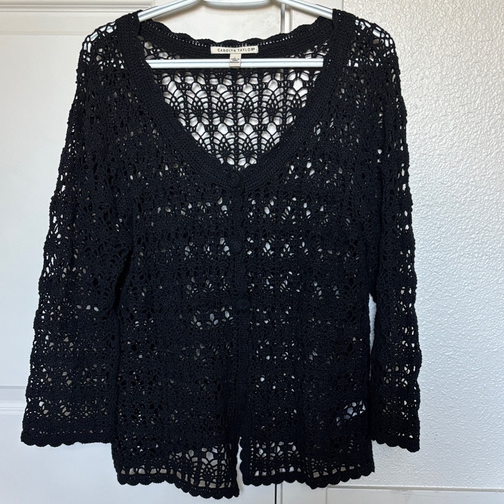 Women’s Black Crochet Open-Knit Cover up Ramie Cotton Size L